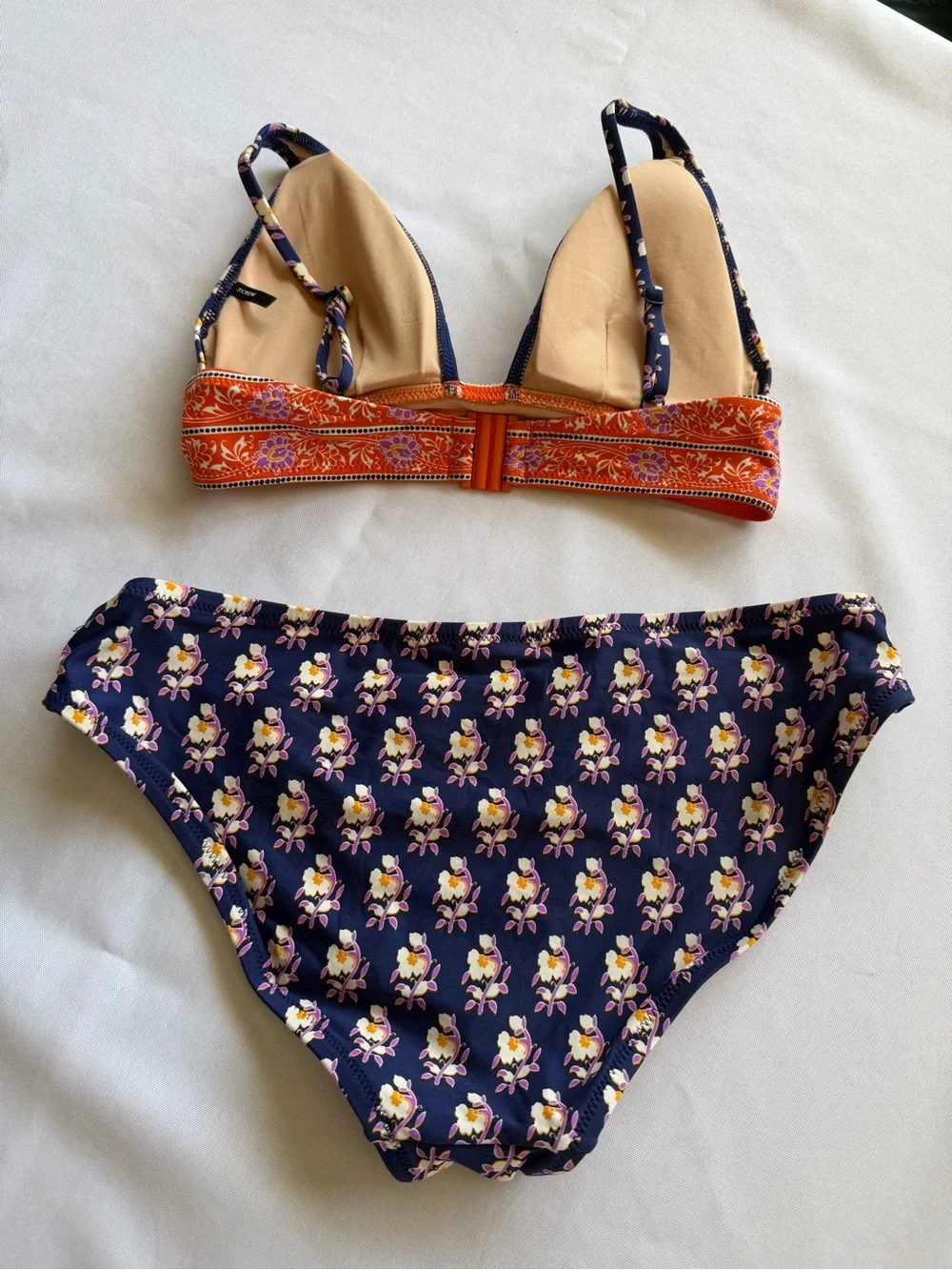 J. Crew Navy Floral Bikini with Orange Accents Top Fits like XS Bott S